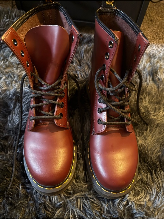 Dr. Martens Shoes - Dr. Martens Burgundy Leather Lace-Up Boots with Yellow Stitching